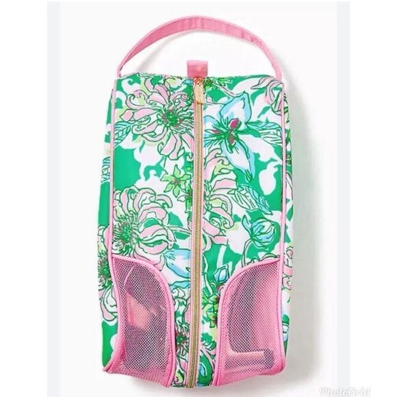 Lilly Pulitzer Floral Print Pink Accents Shoe Bag Spearmint Blossom Views GWP - Picture 2 of 10
